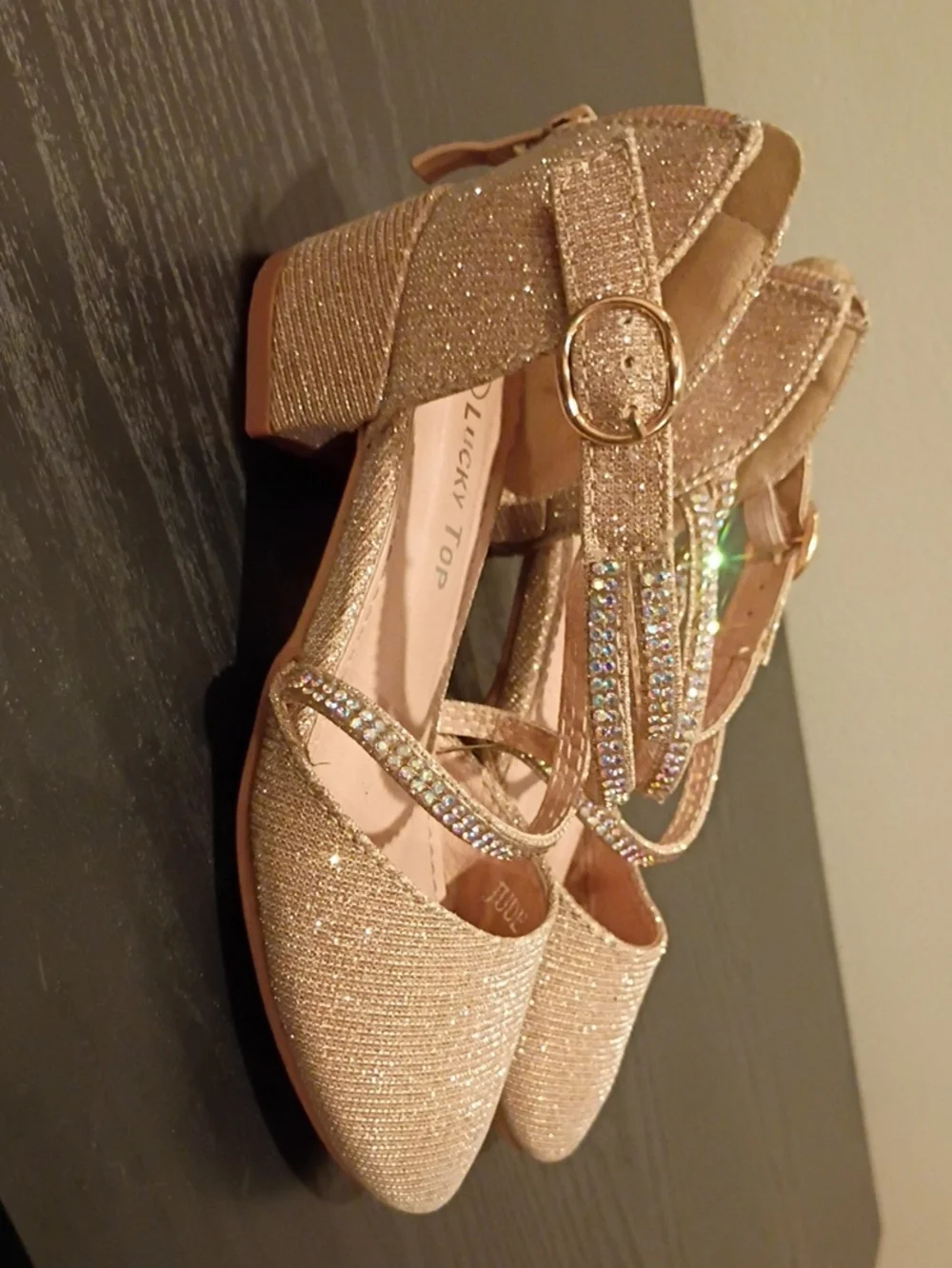 Lucky Top Girls' Gold Glitter Dress Heels with Rhinestone Straps